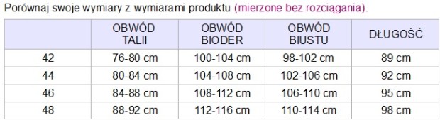 tabela rozmiarów koszulka nocna