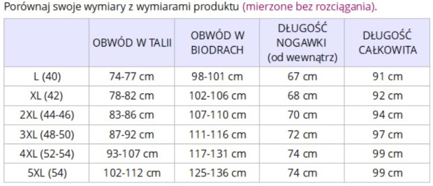 tabela wymiarów legginsy